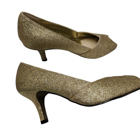 Gold Heels Womens Size 7.5 Sparkle Glitter Glam Wedding Dress Peep Toe Metallic - Picture 2 of 16